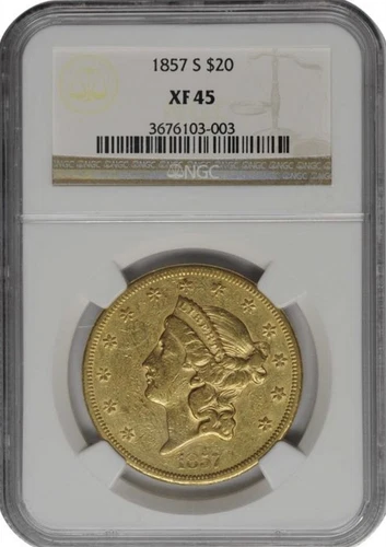 1857-S $20 GOLD LIBERTY HEAD DOUBLE EAGLE NGC XF 45
