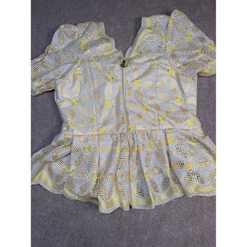 VTG Women's Yellow Handmade Eyelet Fitted Bodice Peplum Zip Back Puff Sleeve Top - Picture 7 of 9