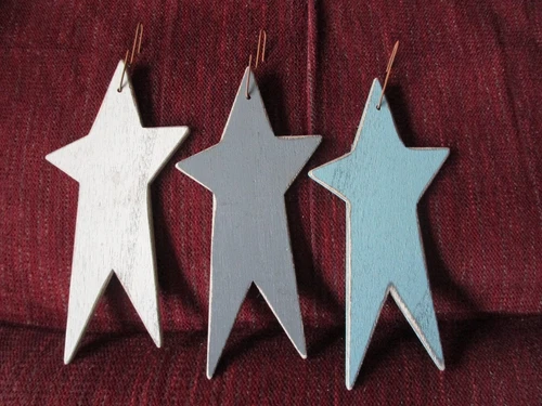 Set of 3 Farmhouse Colors Primitive Star Ornaments Wood Country Americana Rustic