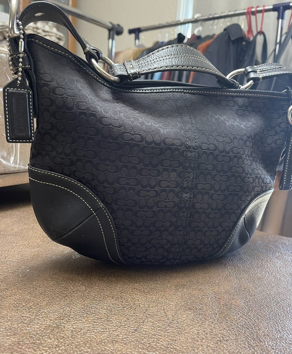 Vintage Coach Hobo Bag Black Signature Leather Canvas Buckle Vintage Coach Hobo Bag Black Signature Leather Canvas Buckle