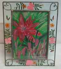Vtg Pressed Dried Flowers in Leaded Glass Frame Handpainted Picture 9.5x7.5"