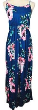 Womens Floral Boho Maxi Dress Adjustable Spaghetti Straps Navy Blue & Pink Small