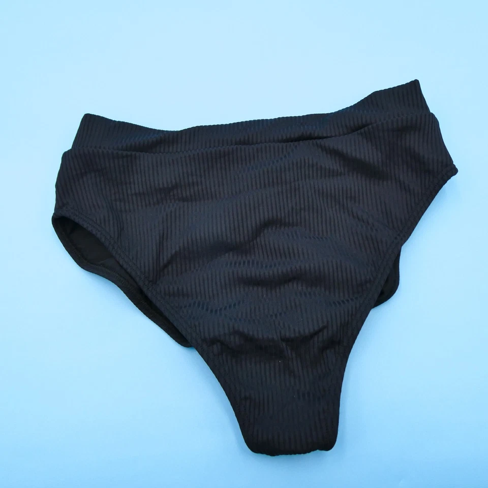 Montce Large Black Ribbed High Waist Brazilian Hipster Bikini Bottom Swimwear - Image 2 of 4