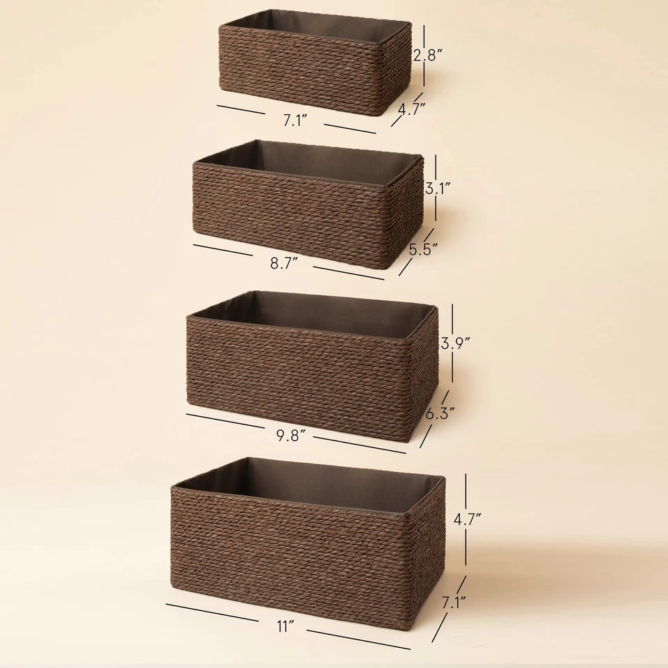 Juego de 4 cestas de almacenamiento tejidas con cuerda de papel con forro de tela, apilables múltiples... Foto 4 de 4
