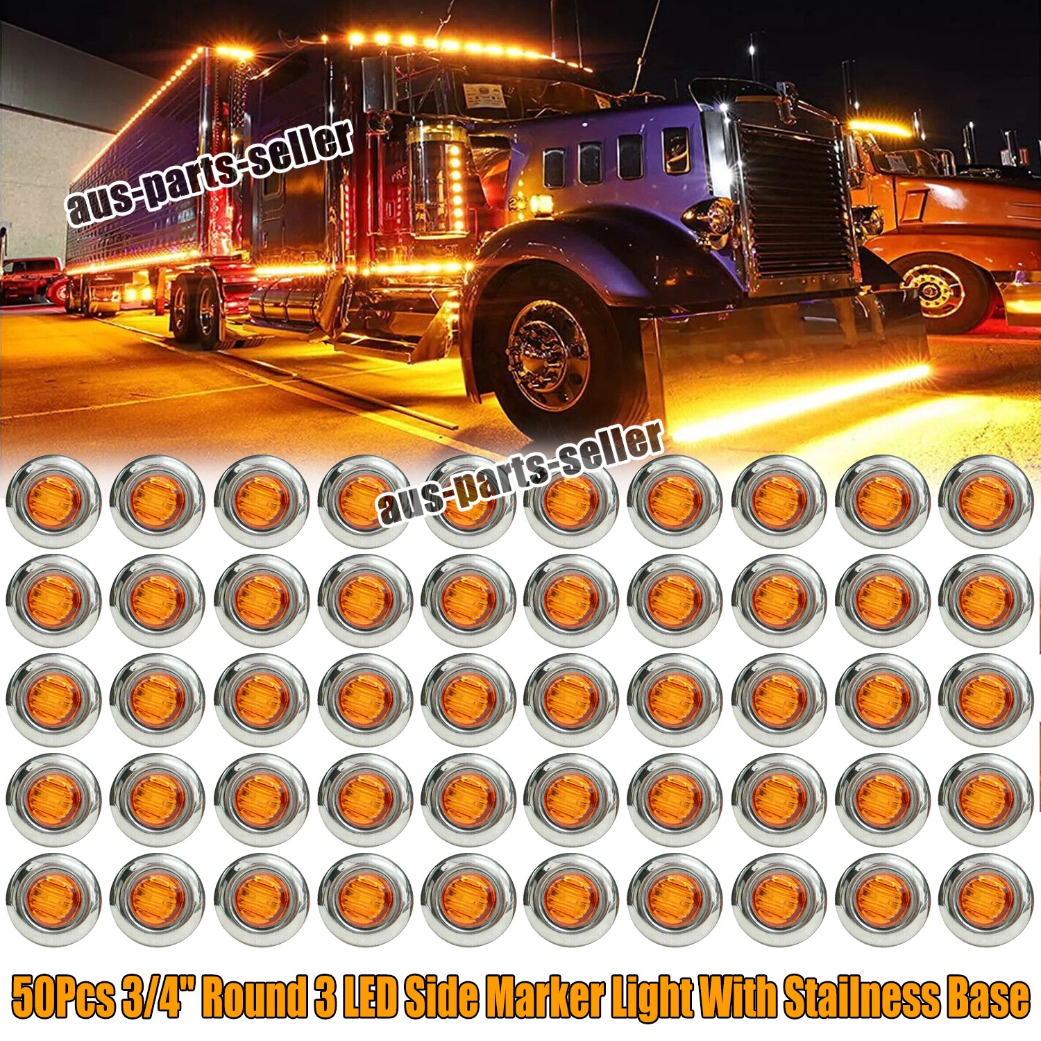 50x Amber 3/4" Round LED Side Marker Lights Stailness Base f