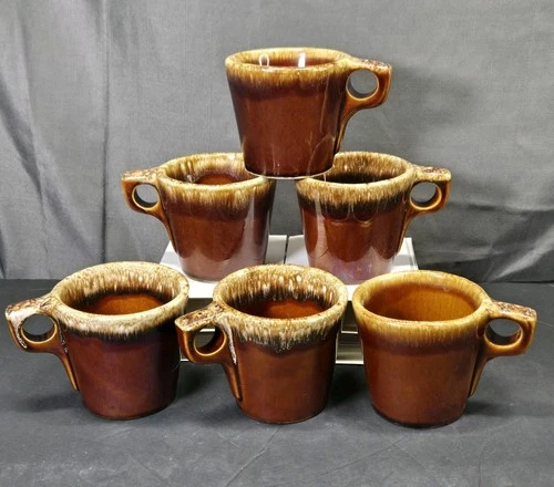 Lot Of 6! Vintage Hull Pottery Oven Proof USA Brown Drip Glaze Coffee Mugs Cups
