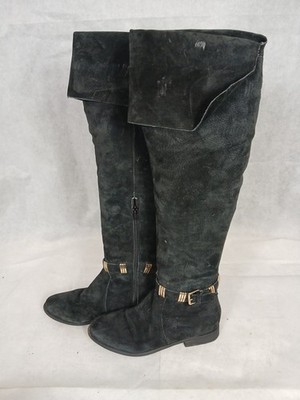 Blond + blond schwarz Kunstleder niedriger Absatz Overknee-Stiefel Größe 5 UK Damen