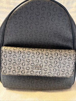 Guess Mini Zipper Locket Pocket Backpack Black And Grey With Tan Interior Logo