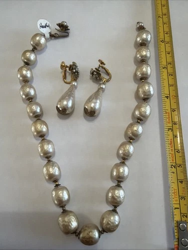 Vintage Miriam Haskell Baroque Pearl Necklace & Earring Set Russian Gold Tone G1