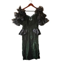 Vintage Dark Green Velvet Sequin Prom Evening Dress Dramatic Ruffle size Xsmall