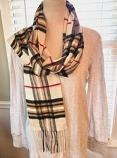 V. Fraas Cashmink Tan, White, Black & Red Plaid  Soft Acrylic Scarf 102"L x 6"W