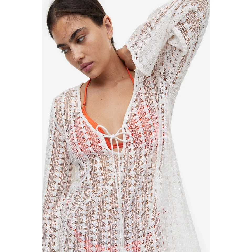 Mini Vestido H&M Blanco Tejido Crochet Profundo Corbata en V Manga Larga Playa Cubrir Talla M Foto 4 de 4
