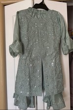 Handmade Women  s Pakistani Salwar Kameez Set, Green Lace Embroidered, One Size