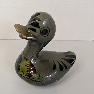 Mexican Folk Art Tonala Hand Painted Stoneware Glazed Pottery Duck Dark Grey