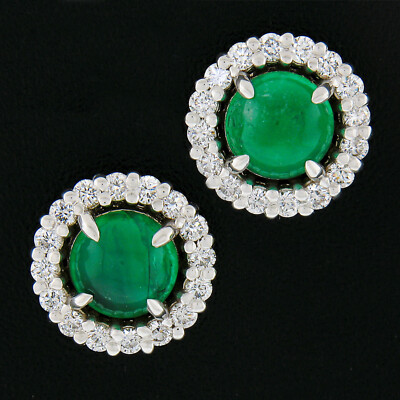 NEU 18k Weißgold 1,72ctw runder Cabochon Smaragd mit Diamant Heiligenschein Ohrstecker
