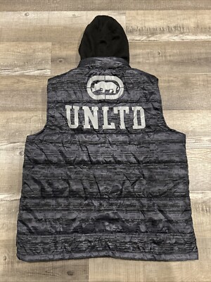 ECKO UNLIMIITED Sz 2XL SILVER FLYKNIT PUFFY VEST BLACK FLEECE HOOD UnLtd supreme