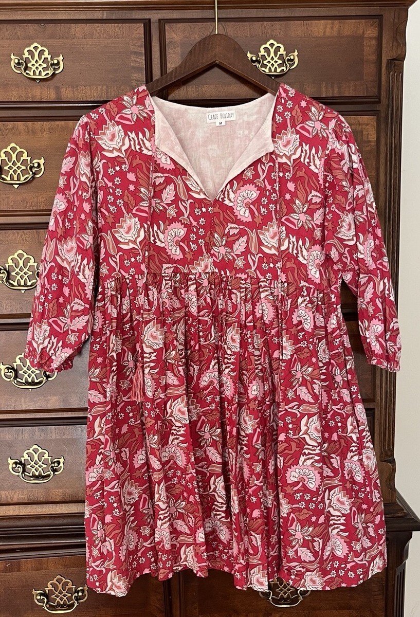holiday tunic dresses Grace Women's Dress tassel 3/4 sleeve MEDIUM M cotton red pink wedding accessories