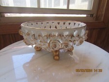 VTG LIMOGES RETICULATED RAISED FLORAL FOOTED CENTERPIECE BOWL GOLD TRIM FRANCE