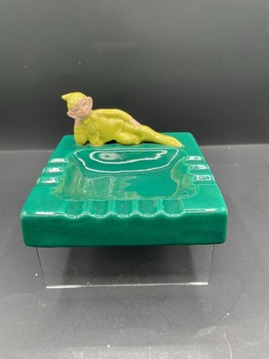 Green Square Reclining Pixie Elf Ashtray Trinket Dish Vintage Lime Green Pixie