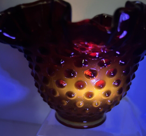 Fenton Amberina Ruby Red Hobnail Rose Bowl Vase Crimped Ruffled 4” UV Reactive - Picture 8 of 18