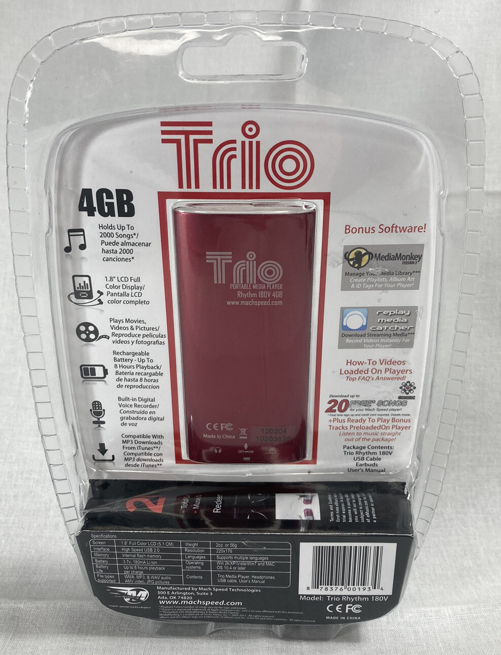 4GB MP3 Player - Trio Rhythm 180V - Red - New Old Stock, Holds 2,000 Songs