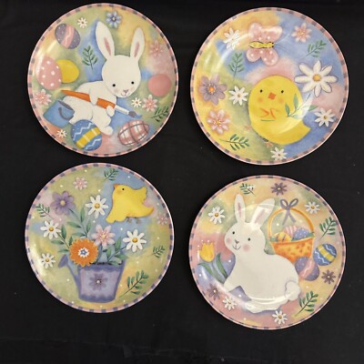 Set 4 Easter Bunny Chick Egg Spring Appetizer Dessert Plates Flowers Orig. Tin