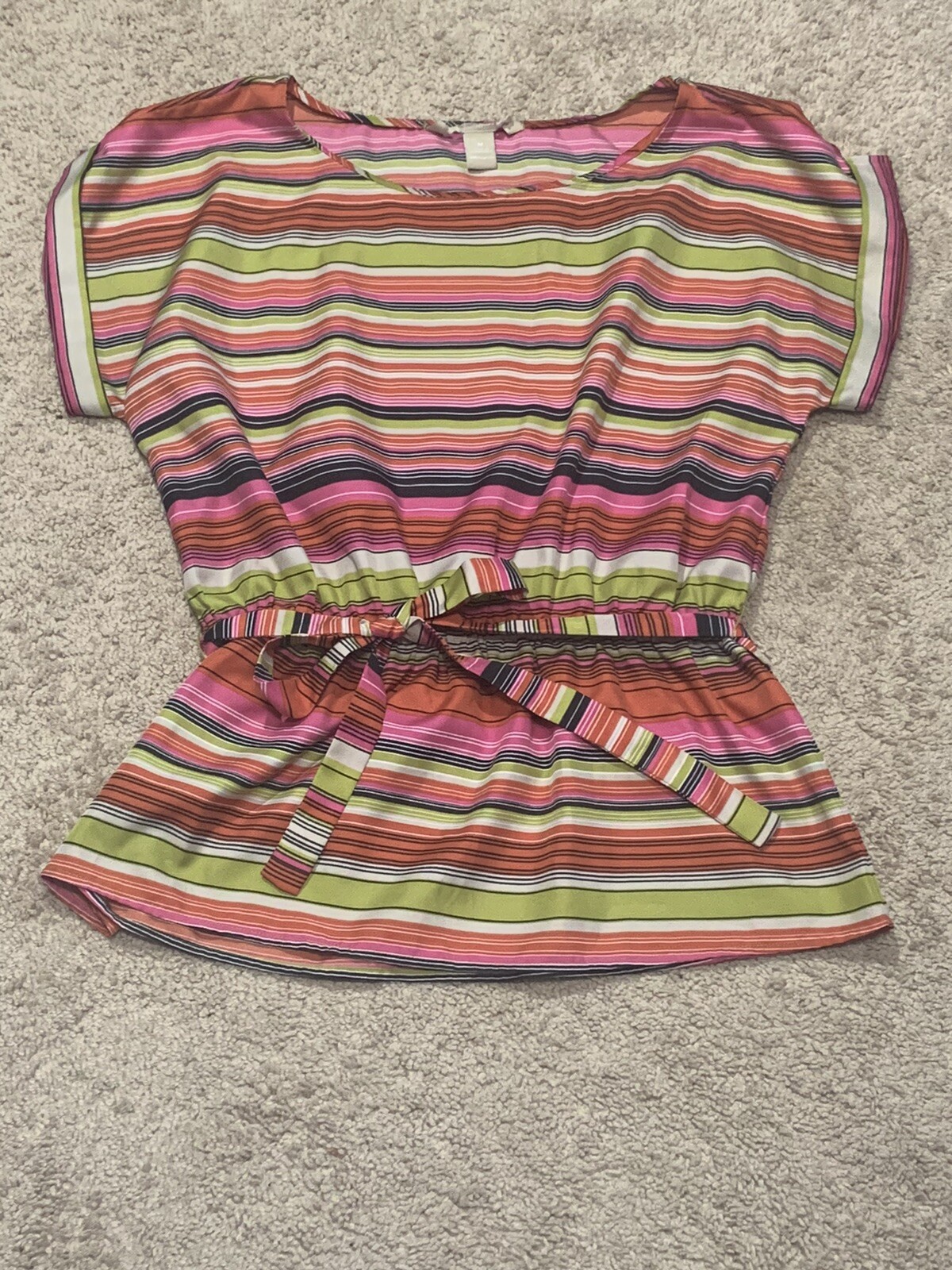Womens Shirt Size Medium Multicolor Striped Belted Classic Dressy Lightweight