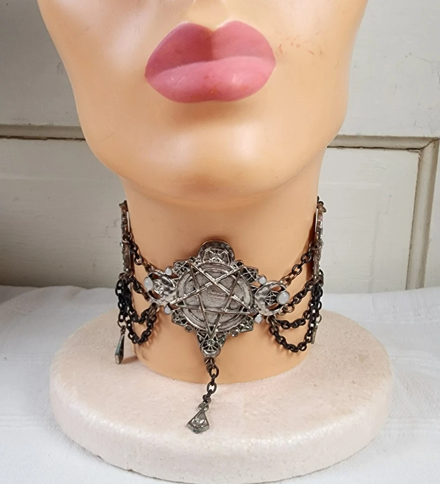 Collar Gargantilla De Colección Piedra Lunar Pentagrama Oculto Pagano Wicca Brujería Gótico Foto 3 de 4