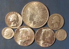 LOT 7 US SILVER COINS 1921 MORGAN SILVER DOLLAR 1964 & 1964 HALF $ 2 QUARTERS