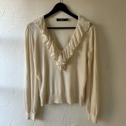 Lauren Ralph Lauren Sweater Women Size Large Ruffle Winter Cream Modal Cotton - Bild 2 von 9