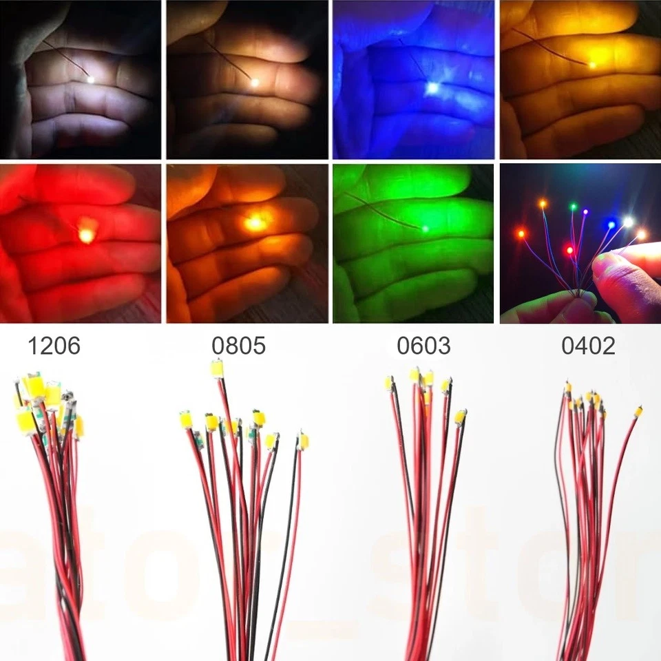 SMD LED 0402 0603 0805 1206 mit Kabel angelötet Ø 0,3mm Microkabel LEDs 10 Stück