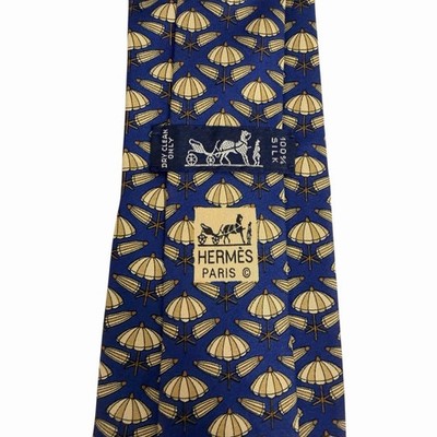 Hermes Men's Tie Beach Umbrellas Navy Blue & Khaki Silk 7432 HA 3'' (W) x 57'' (L)