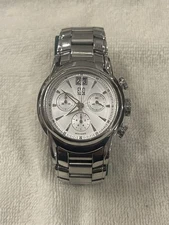 ESQ Swiss Quartz Chronograph Big Date Stain. Steel Watch–Model E5290-New Battery