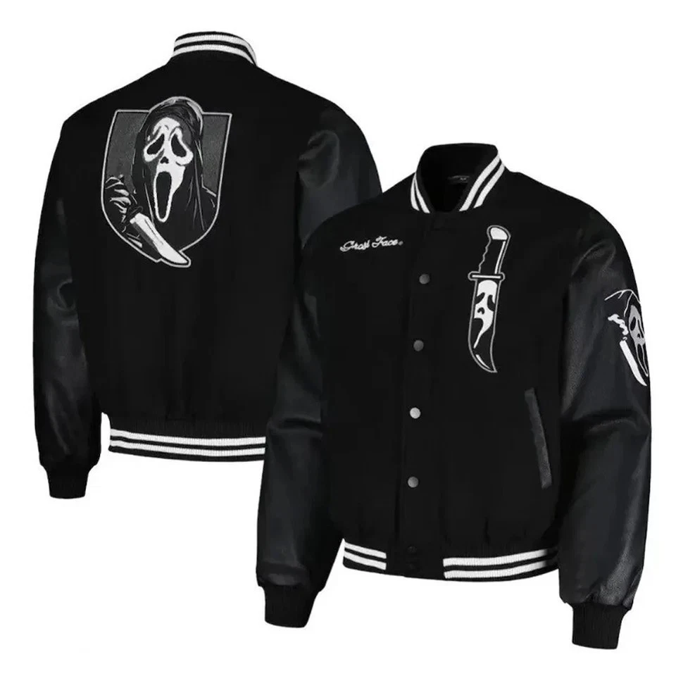 Scream Men’s Ghost Face Jacket Wool Leather Horror Varsity Bomber Letterman Coat image 1