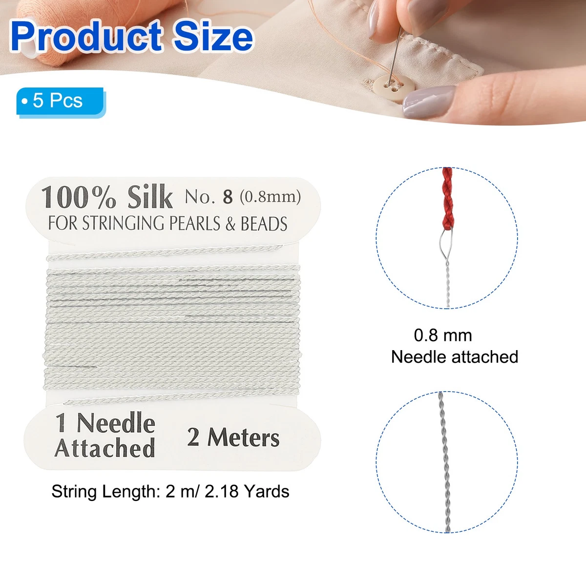 Silk Cord Thread, 5 Pcs Pure Silk Beading Thread Cord Size 0.8 mm, White