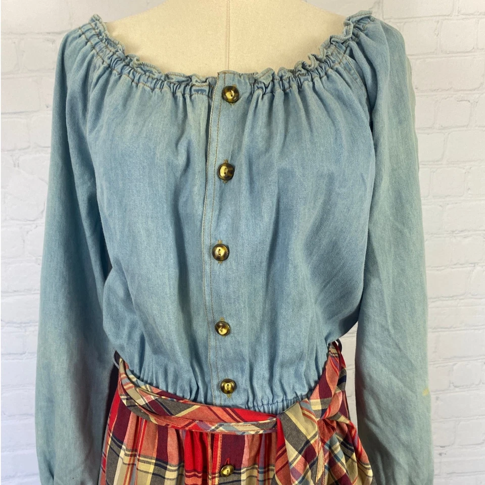 Винтажный Y2K Lizwear джинсовой ткани Chambray клетку с открытыми плечами миди платье P маленький - Изображение 3 из 4