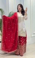 Unique Look White Chinon Silk Kurta Palazzo With Dupatta For Women  Girls