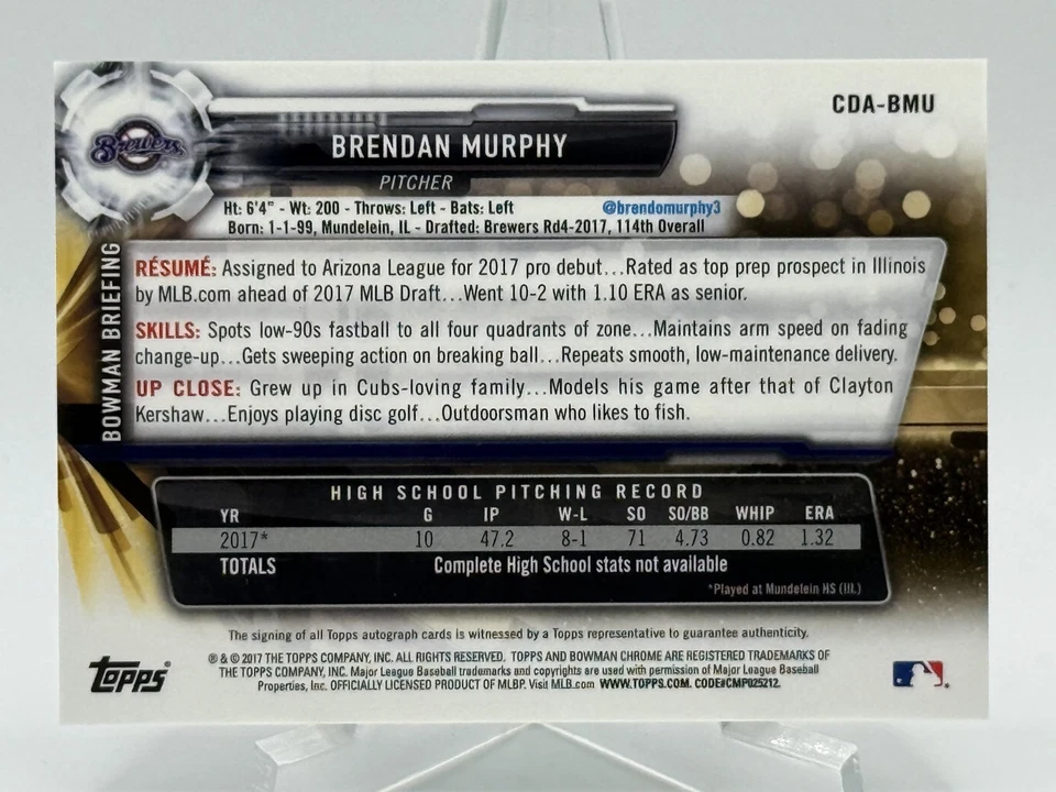 Brendan Murphy 2017 Bowman Chrome #CDA-BMU Autograph RC Auto J3 - Image 2 of 2