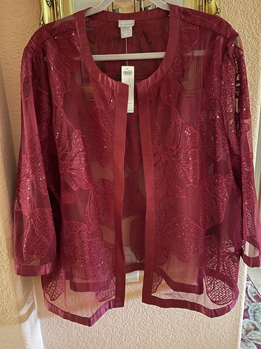 Chicos NWT$ 149~Travelers Embellish Novelty Jacket Deep Cherry Open Front 4(XXL)