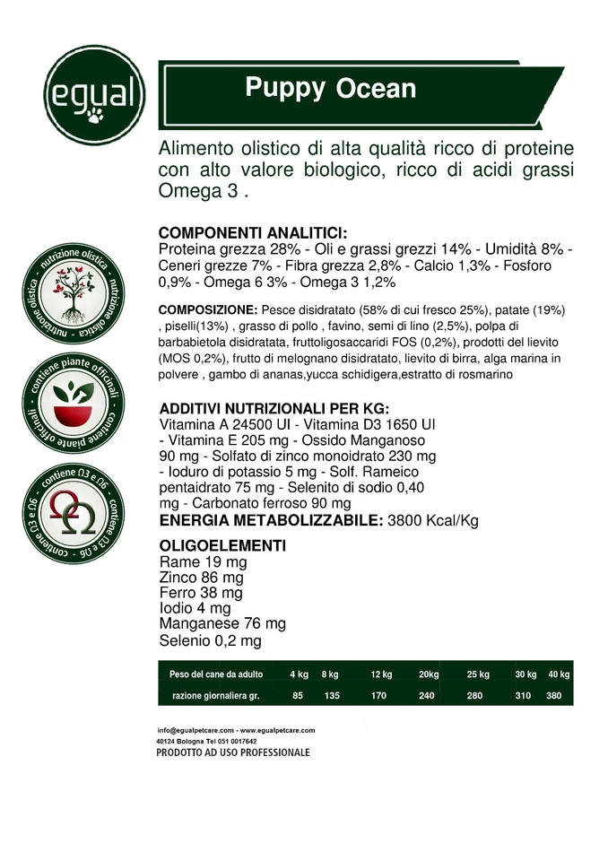  Grain Free EGUAL PUPPY OCEAN CON  OMEGA 3 E PROTEINE NOBILI PER CUCCIOLI 15Kg - Immagine 2 di 2