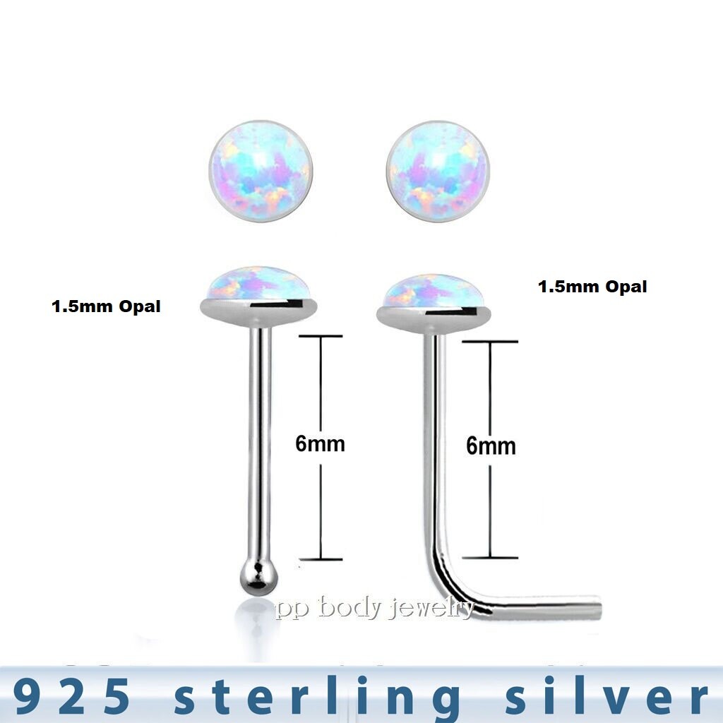 22G Flat Synthetic Opal Silver Nose Bone L-Shaped