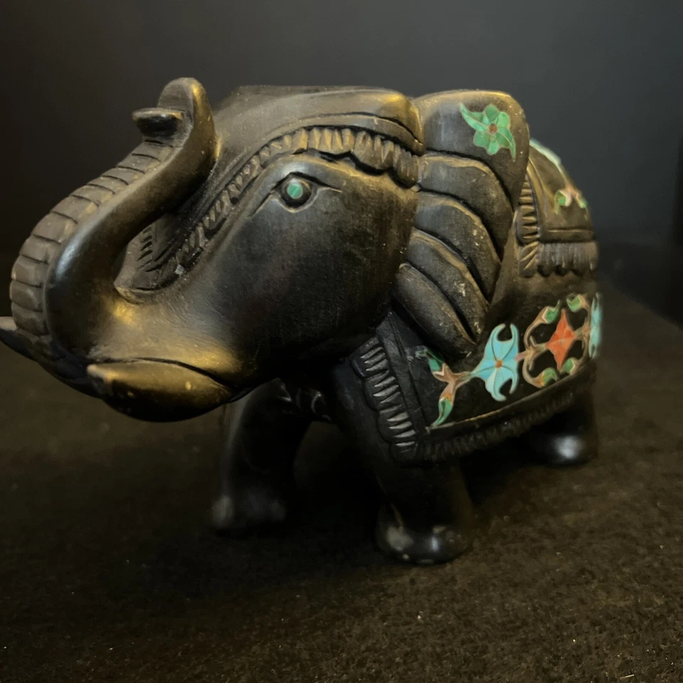 大象雕像 孔雀石镶嵌 Pietra Dura 工作艺术 手工制作 半珍贵 — 第 4/4 张图片