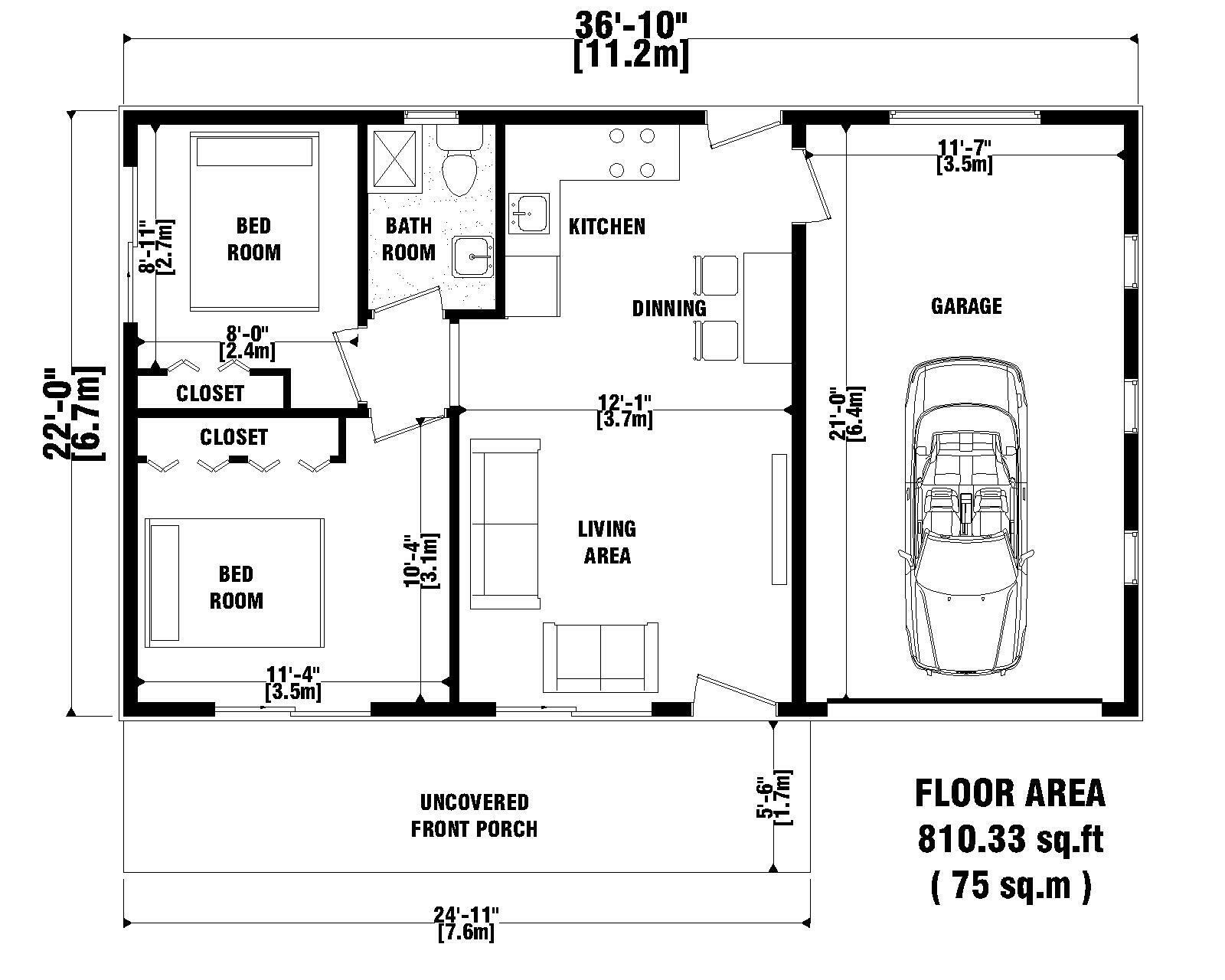 Custom Flat Roof House Plans 2 Bedroom 1 Bathroom & Garage With Original CAD Fil