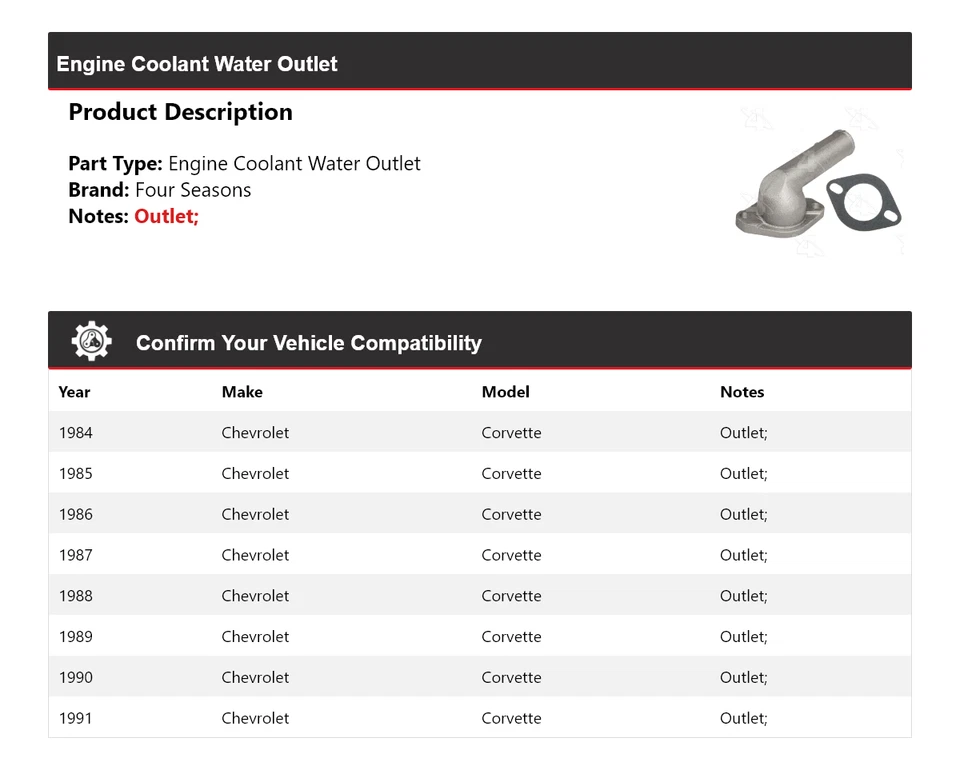 Salida de agua refrigerante motor Chevrolet Corvette 1984-1991 4 estaciones 1985 1986 Foto 2 de 4