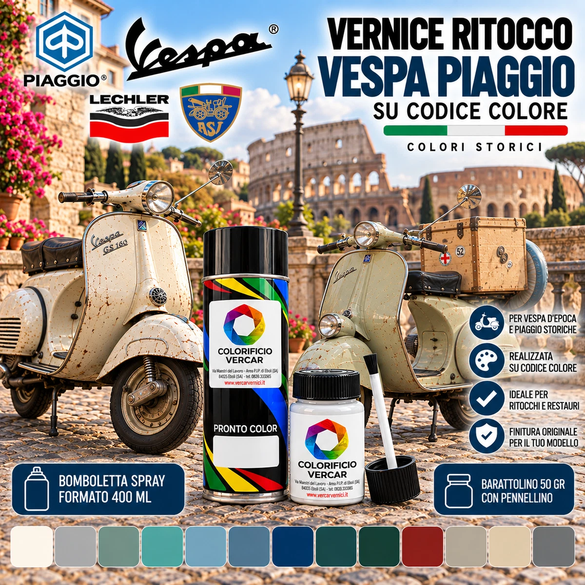 PINTURA DE RETOQUE LECHLER PIAGGIO AVISPA DE ÉPOCA TODOS LOS COLORES Y CÓDIGOS DESDE 1946