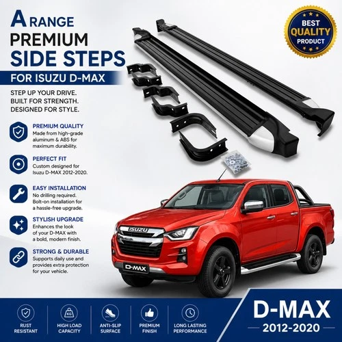 FOR ISUZU D-MAX DOUBLE CAB 2012-2020 SIDE STEPS RUNNING BOARDS BLACK PAIR