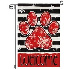 Winter Garden Flag Welcome Dog Pawprint 12x18 Inch Double Sided Snowflake Chr...