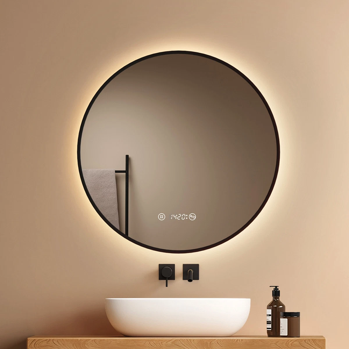 EMKE LED Badspiegel rund 60/70/80 cm Schwarz dimmbar Touch Uhr Antibeschlag