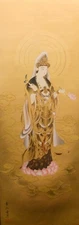Japanese Hanging scroll "Kannon on the clouds" by Sosen Fukuda, copy, silk versi