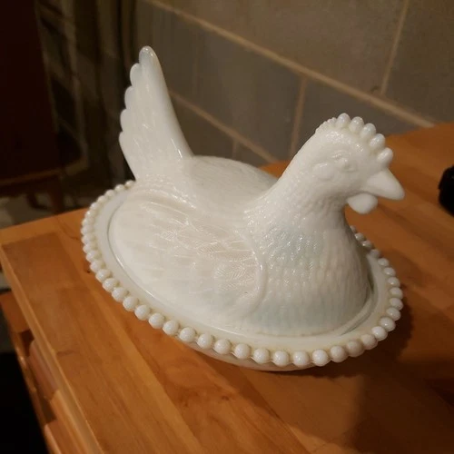 Vintage Indiana Glass White Milk Glass Hen On A Nest Covered Dish Beaded 7"